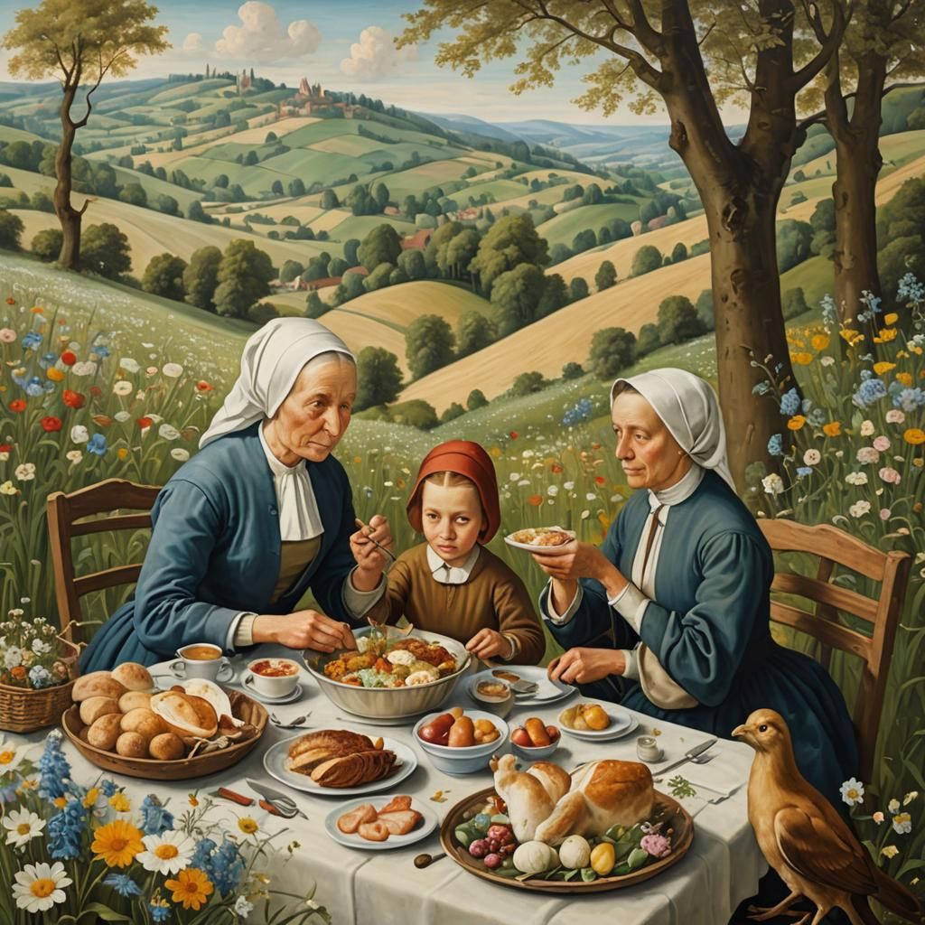 Flemish Family Picnic in Rolling Hills, Oil Painting
