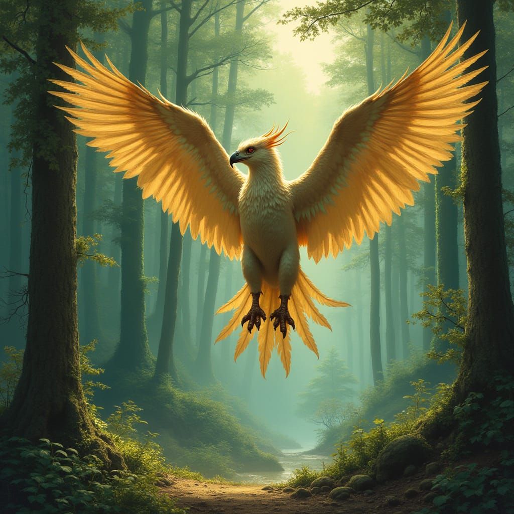 Griffin Soaring Over Ancient Forest in Fantasy Style