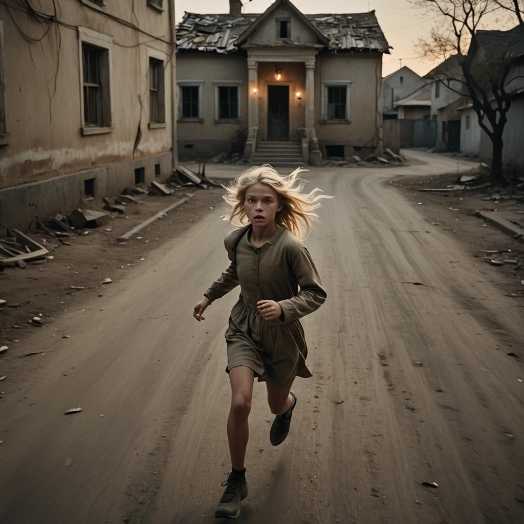 Girl Runs on Dark Street: Cinematic Portrait