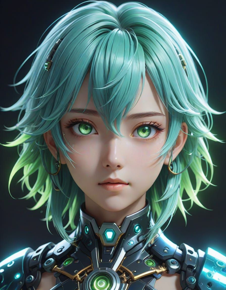 Cyberpunk Android Goddess with Aqua Hair and Neon Eyes
