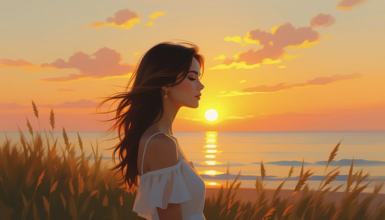 Woman Silhouetted Against Golden Sunrise in Impressionist Oi...