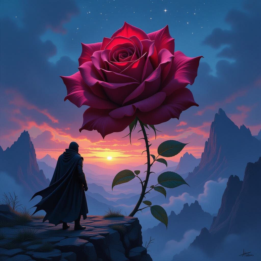 Man on Giant Rose at Twilight in Matte Painting Style