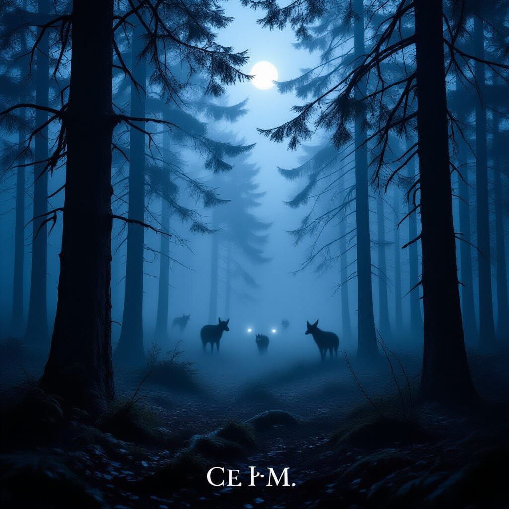 Moonlit Foggy Pine Forest at Night