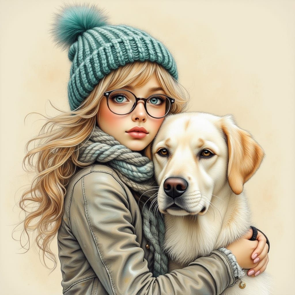Girl Hugs Labrador Dog in Snow Colored Pencil Style
