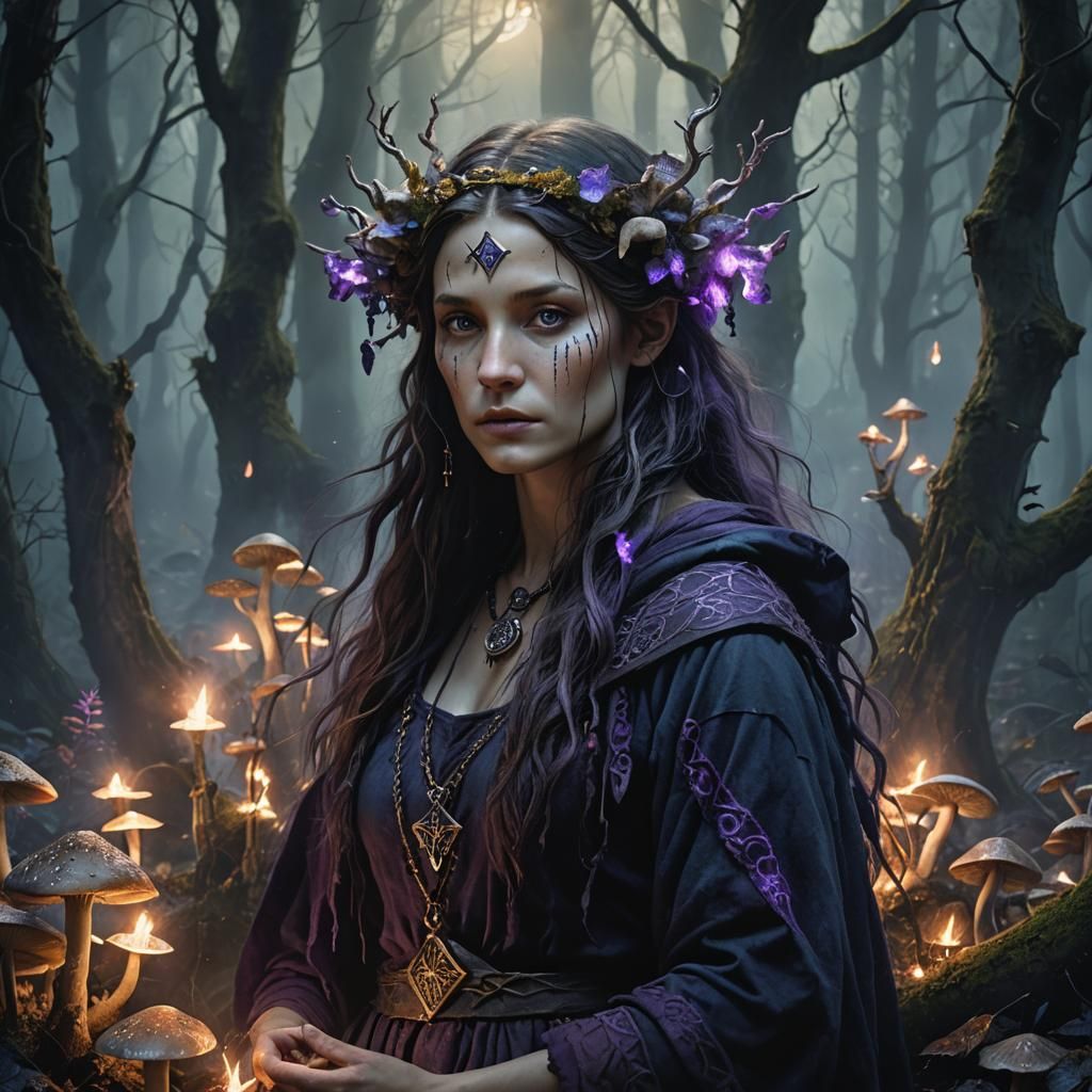 Pagan Supermodel in Mystical Forest, Art Nouveau Style