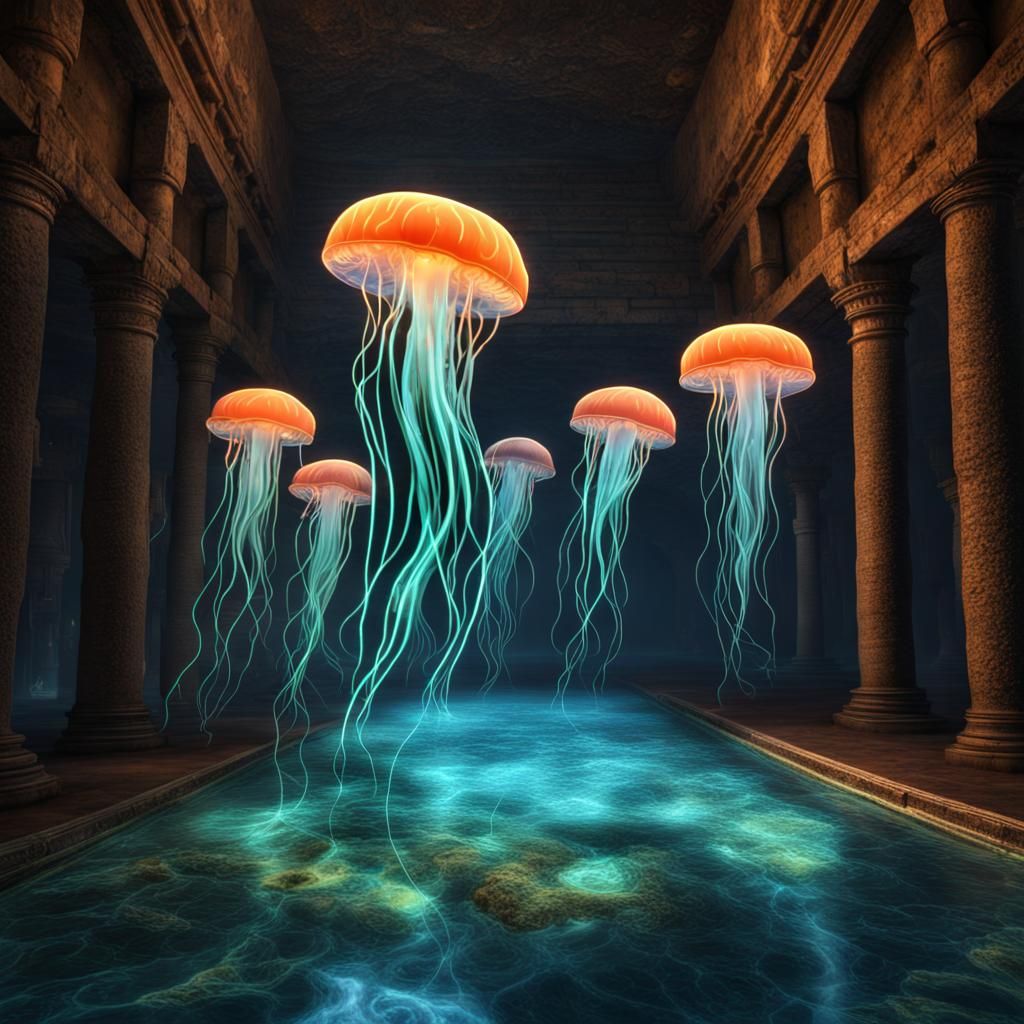 Bioluminescent Jellyfish in Underwater Roman Ruins