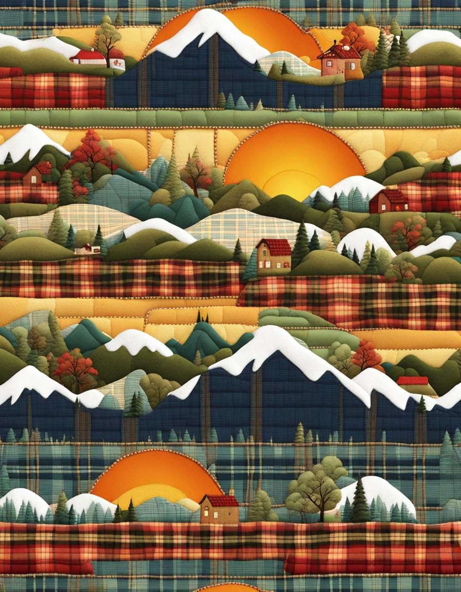 Tartan Plaid Landscape with Embroidery Stitches
