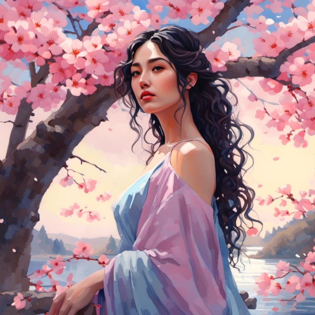 Watercolor Woman with Cherry Blossoms in Pastel Colors