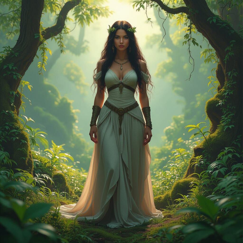 Gaia, Earth Goddess, in Lush Forest with Ethereal Glow