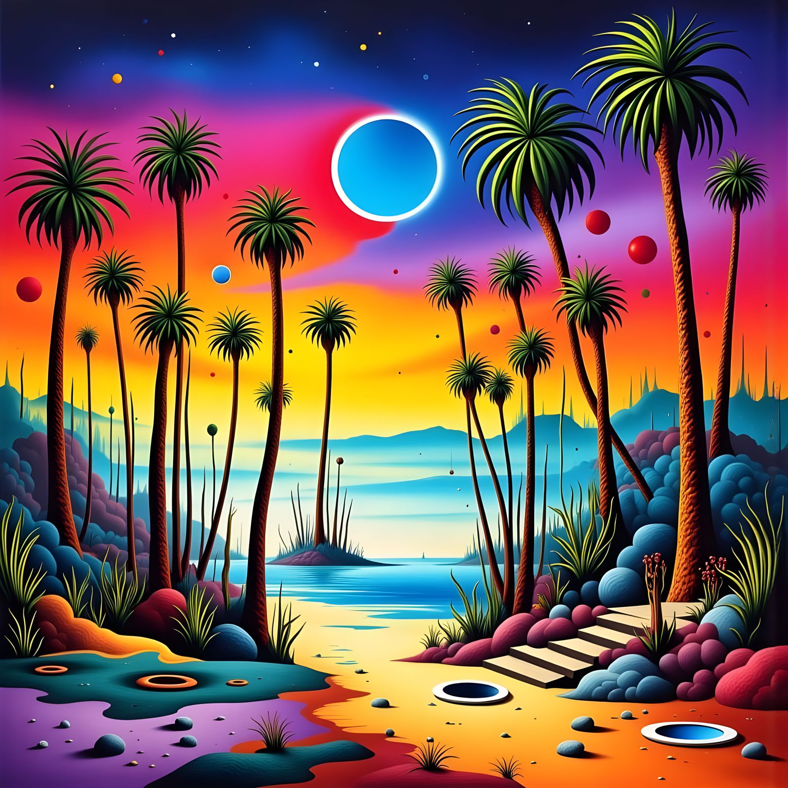Surreal Abstract Beach Scene in Trippy Colors