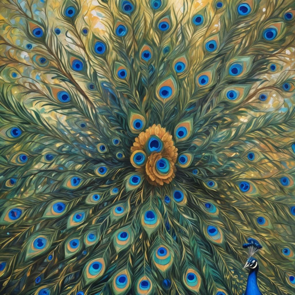 Majestic Peacock Displaying Feathers as Oil Painting