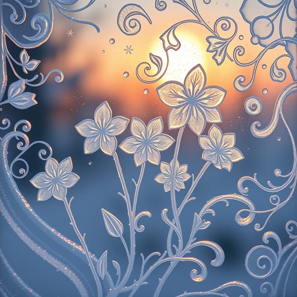 Delicate Ice Flowers on Frosty Windowpane