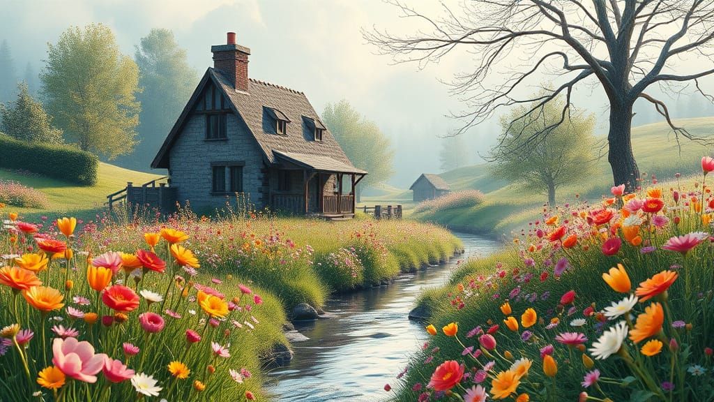 Idyllic Cottage in Vibrant Meadow Landscape