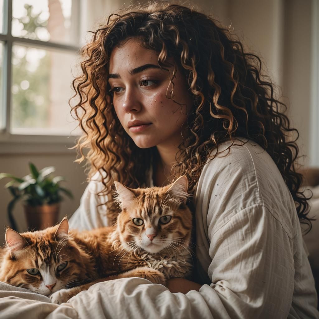Emotional Portrait of Girl Crying with Cats