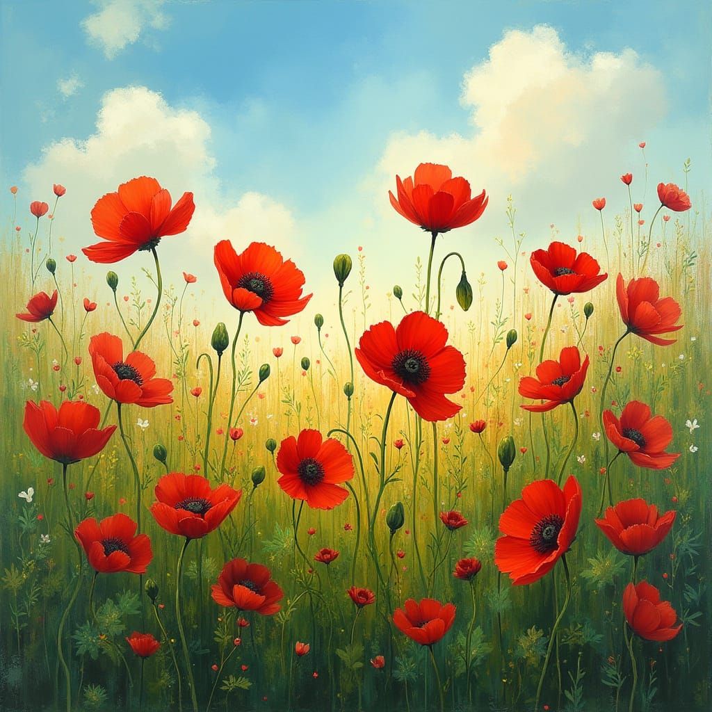 Vibrant Red Anemones in a Serene Summer Landscape