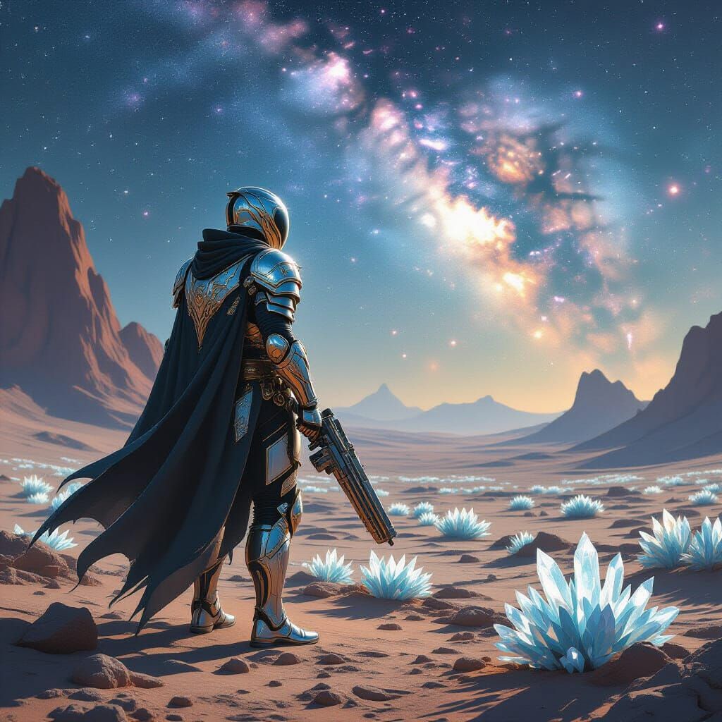 Cosmic Soldier on Alien Planet in Nebula Sky