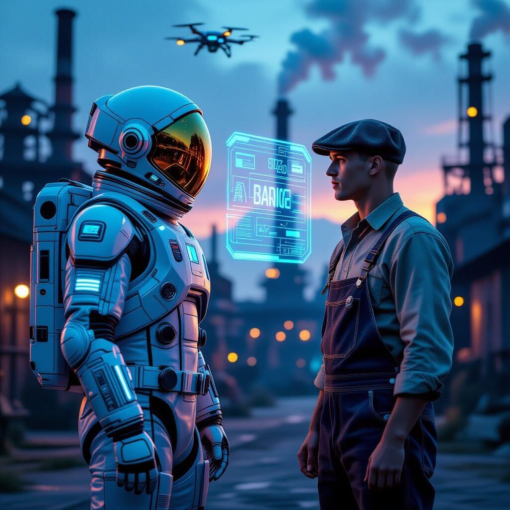 Astronaut Meets Factory Worker in Futuristic Industrial Scen...