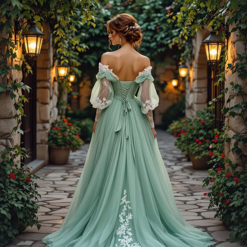 Elegant Mint Green Gown with Lace Sleeves at Night