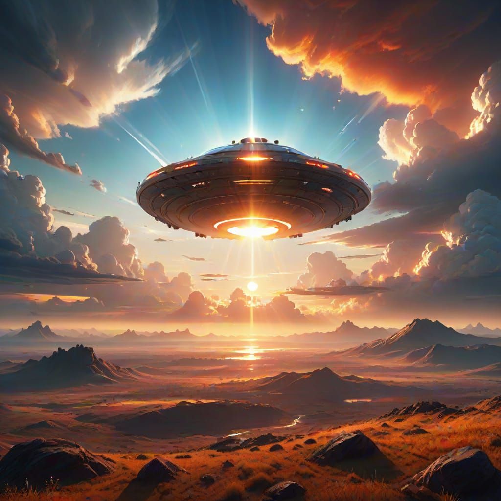 Ethereal UFO Landscape in Golden Hour