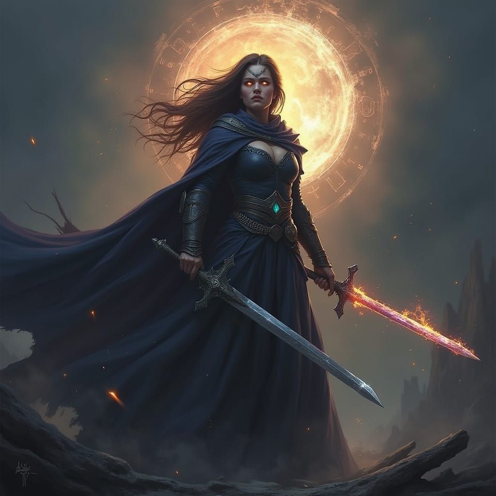 Sorceress Wielding Glowing Swords in Arcane Energy