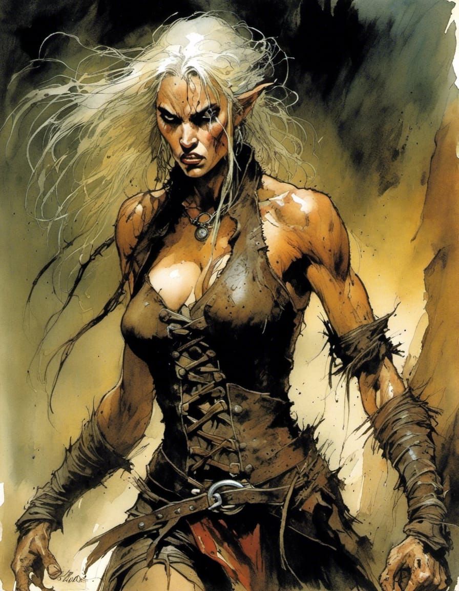 Elven Rogue Battles Monsters in Dark Fantasy Style