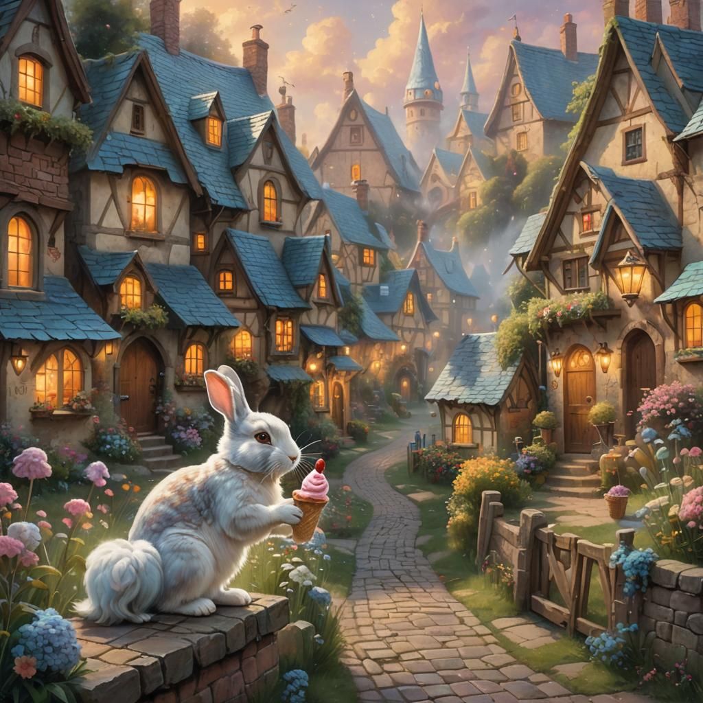 Furry Rabbit Enjoys Ice Cream in Ethereal Village