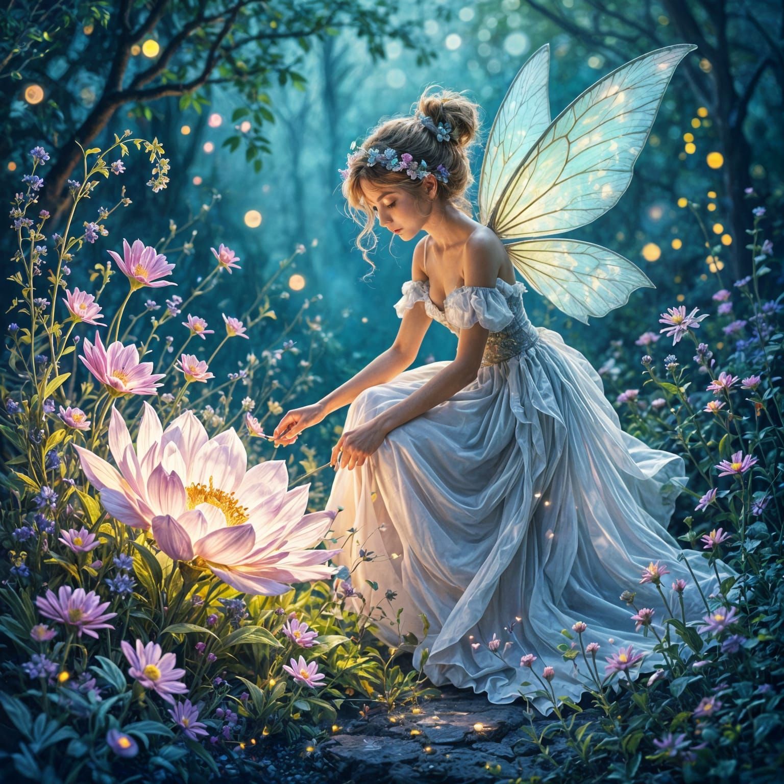 Bioluminescent Garden Scene as Detailed Oil Painting