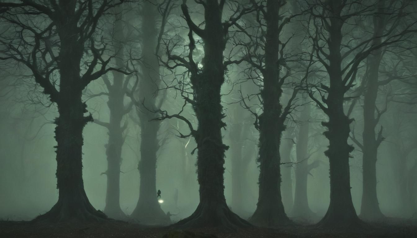 Shadowy Figures Emerge in Dark Fantasy Forest