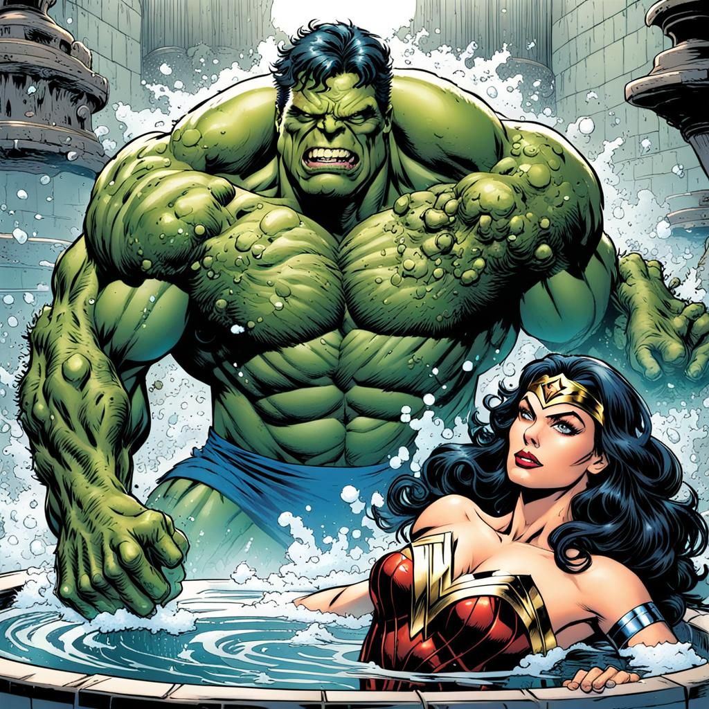 Wonder Woman in a jacuzzi with the Incredible Hulk. I know n...