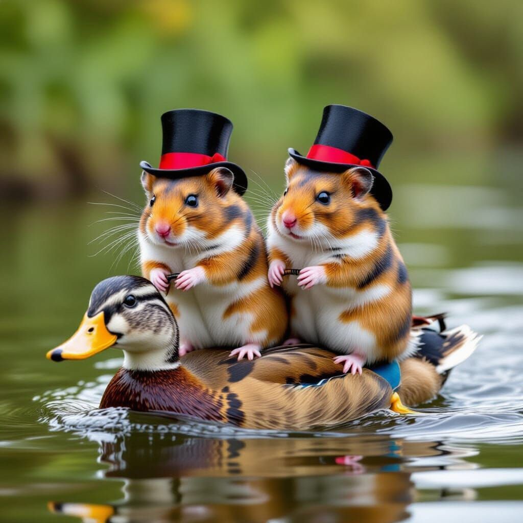 Hamsters in Hats Ride Duck Across River