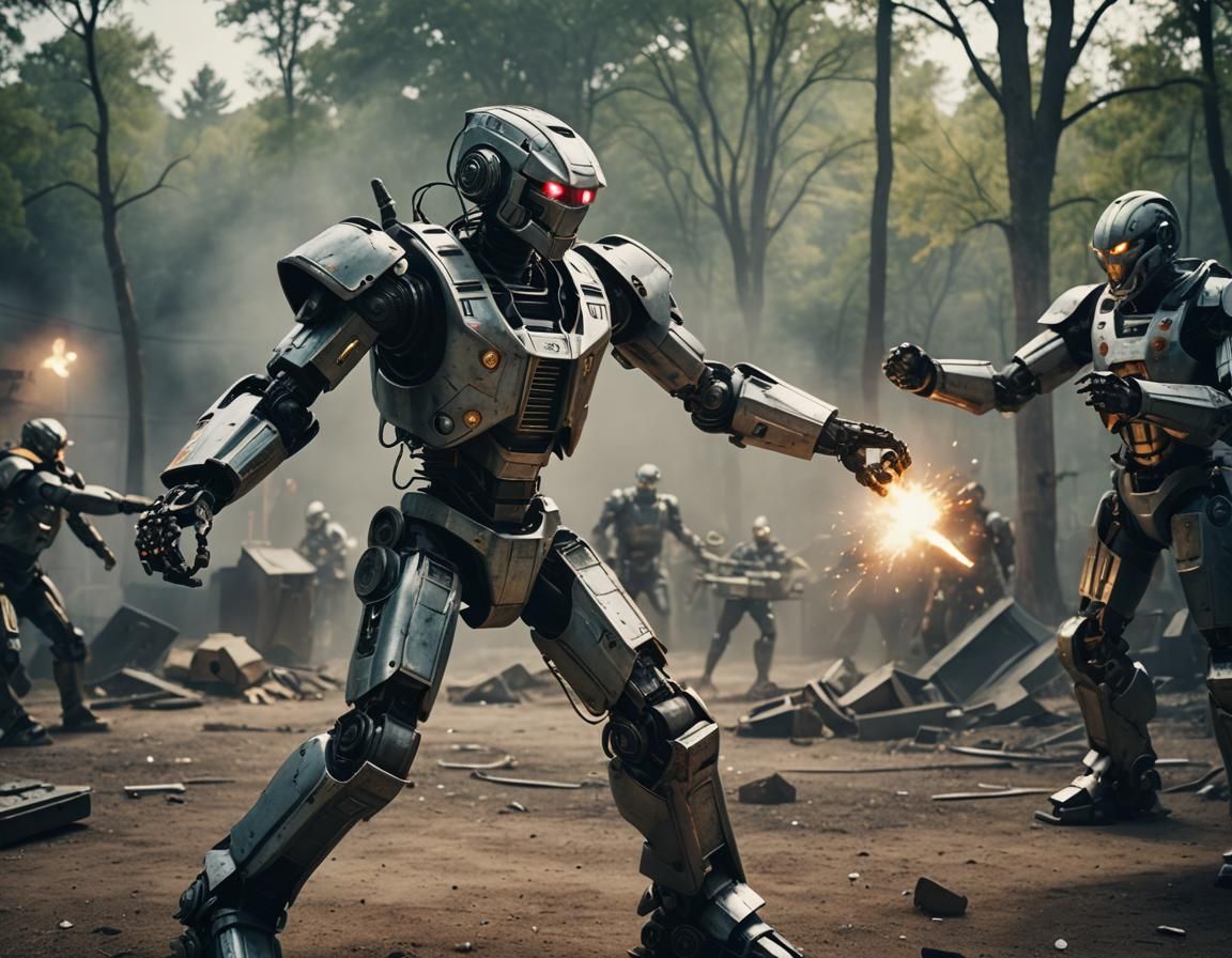 Epic Robot Battle in Cinematic Film Still