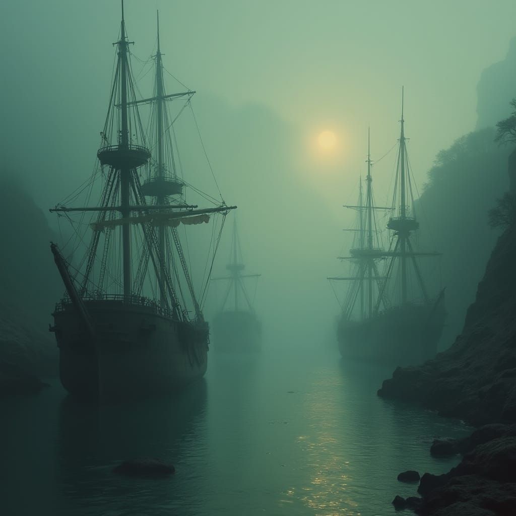 Mystical Harbor Ships in Fog, Golden Light