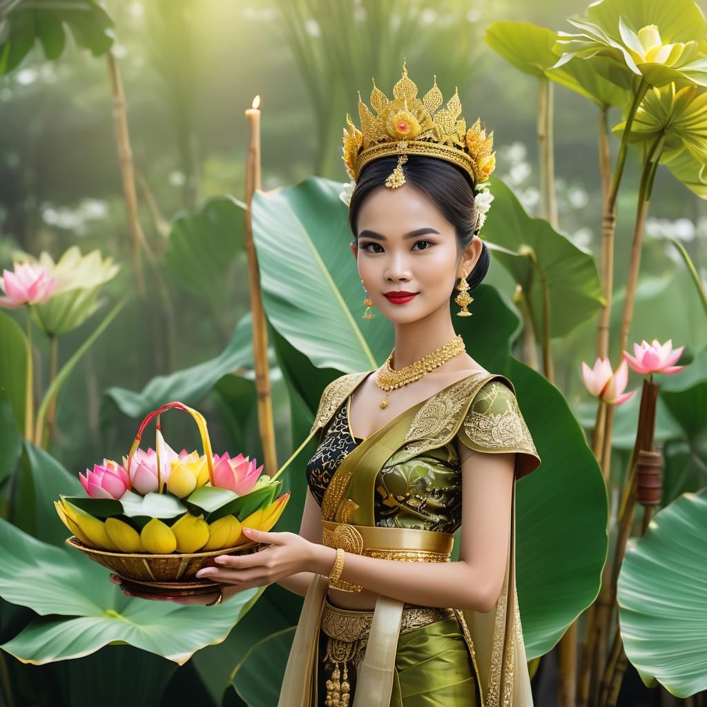 Thai Queen with Krathong in 3D Anime Style
