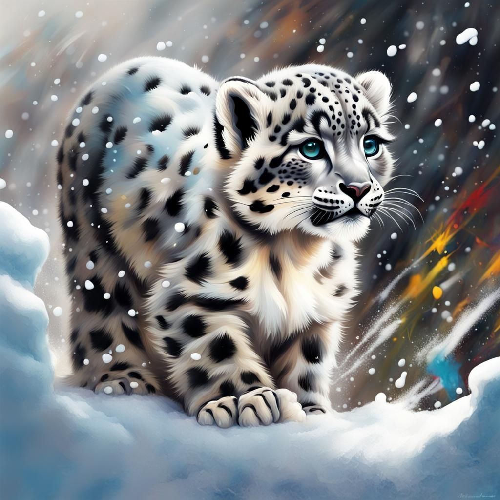 Snow Leopard Cub in Graffiti Splash Art Style