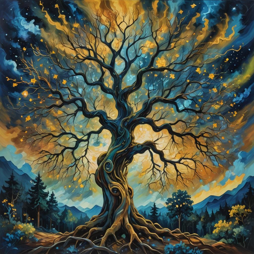 Enchanted Tree in Mystical Forest: Expressionist Oil Paintin...