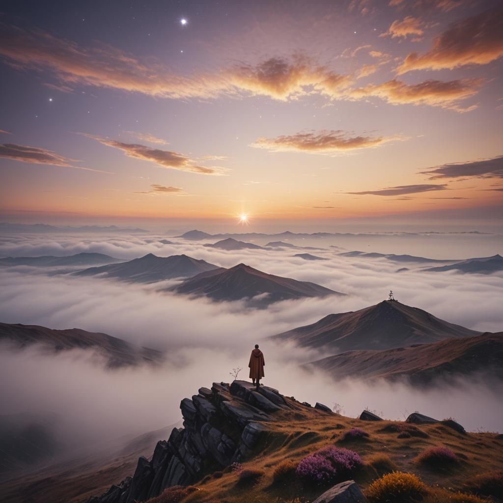 Mystical Dawn: Lone Figure Gazing at Eternal Star