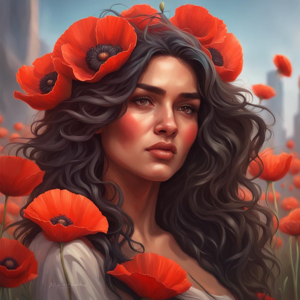 Latina Woman with Poppies: Detailed Portrait