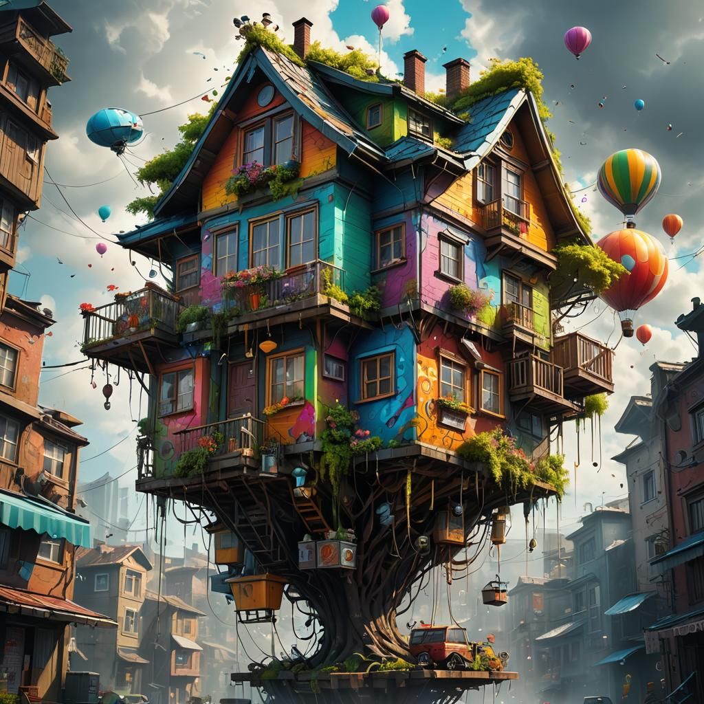 A treehouse of vibrant colors