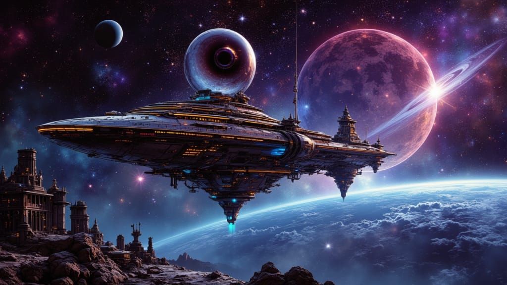 Massive Spaceship with Electronic Eye Cruises Past Ringed Pl...