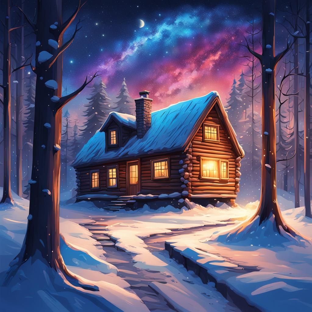 Winter Cabin Under Starry Night Sky