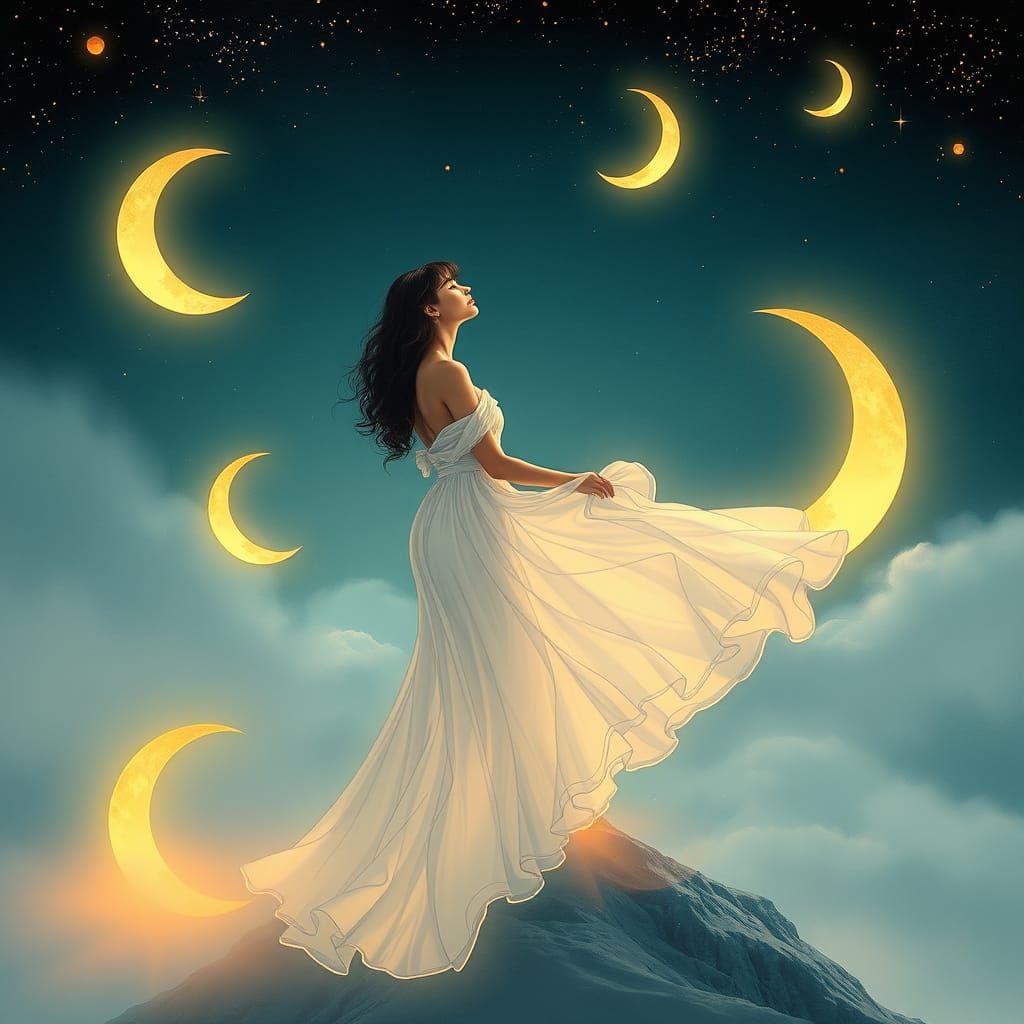 Ethereal Woman on Lunar Landscape in Art Nouveau Style