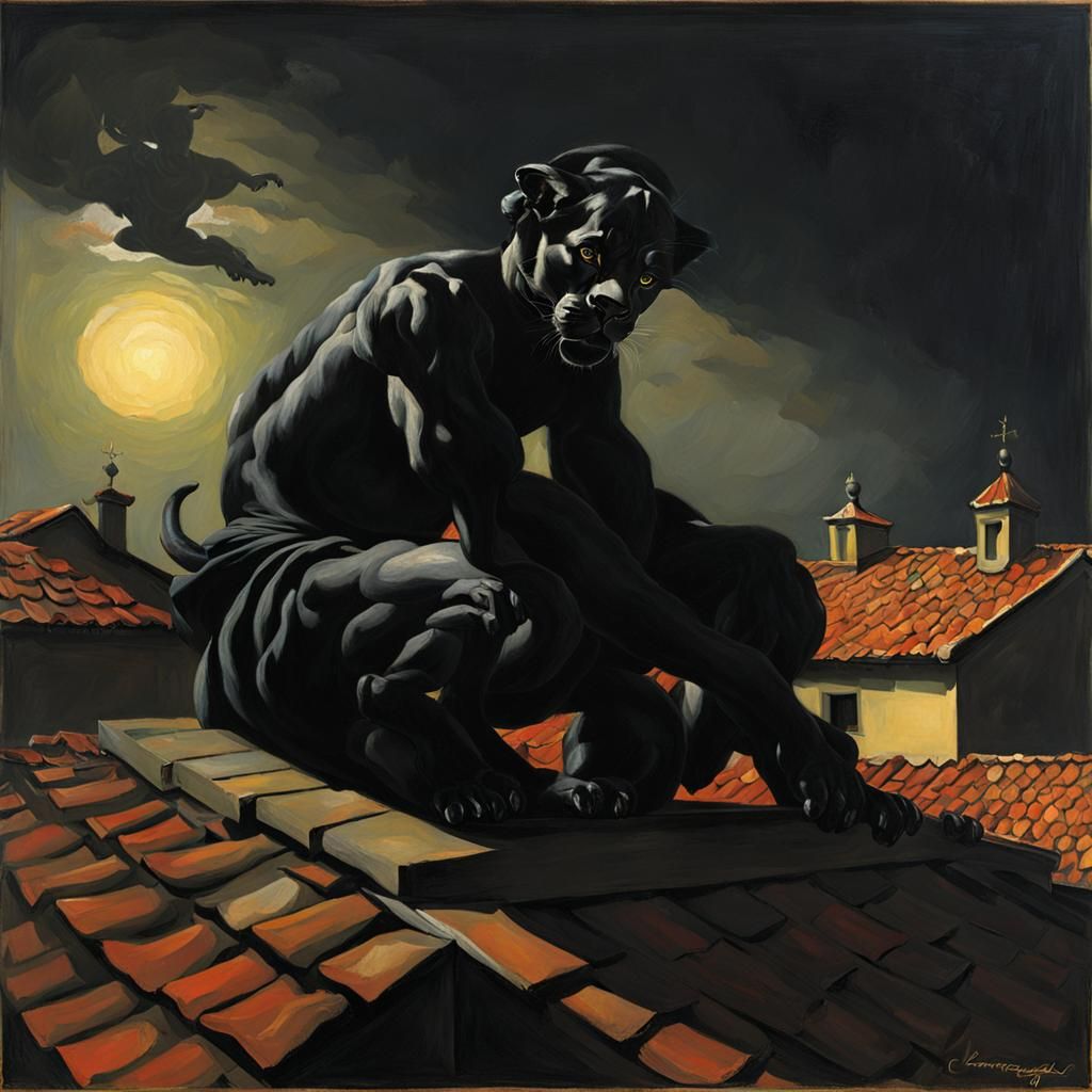 Panther on Roof in Chiaroscuro Style