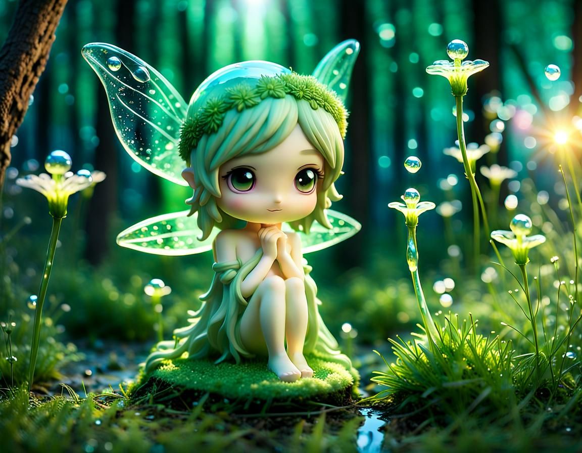 Glass Fairy with Water Droplets in Lush Field