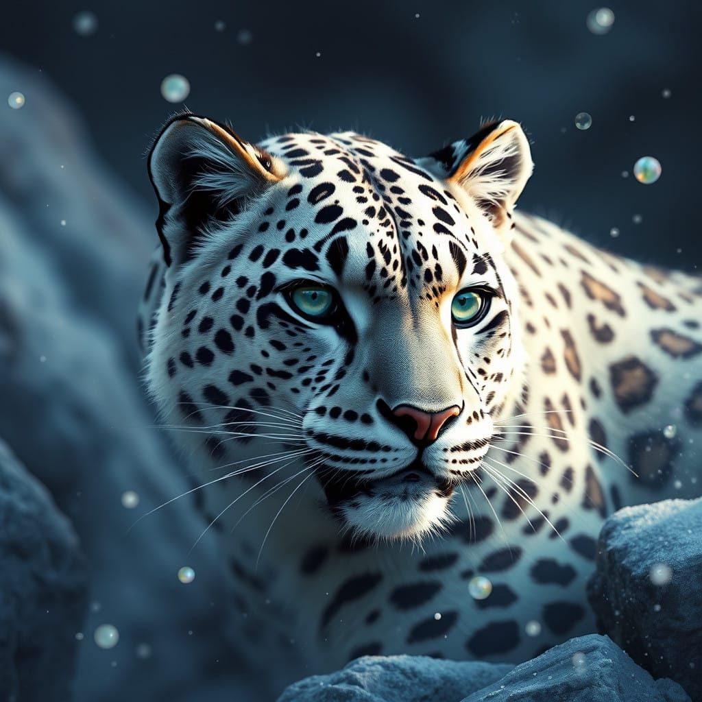Ethereal Snow Leopard in Vibrant Fantasy Landscape