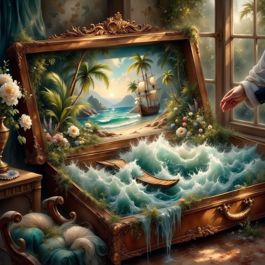 Hand Opens Suitcase Revealing Tropical Beach Scene