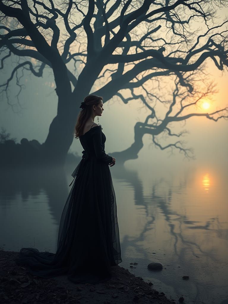 Mystical Victorian Woman at Misty Lake