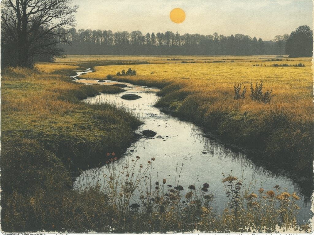 Wildflower Bog in Watercolor Style After Rain