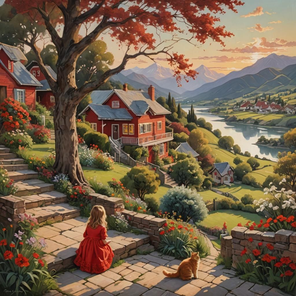 Girl and Cat in Evening Landscape, Oil Painting