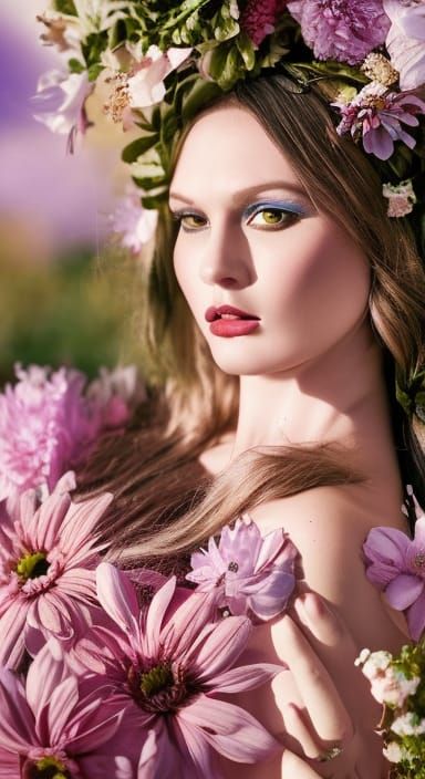 highly detailed, sharp focus, professional photoshoot, 8k, stepmom, flowers in hair, laying in flowers, frock dress, pho...