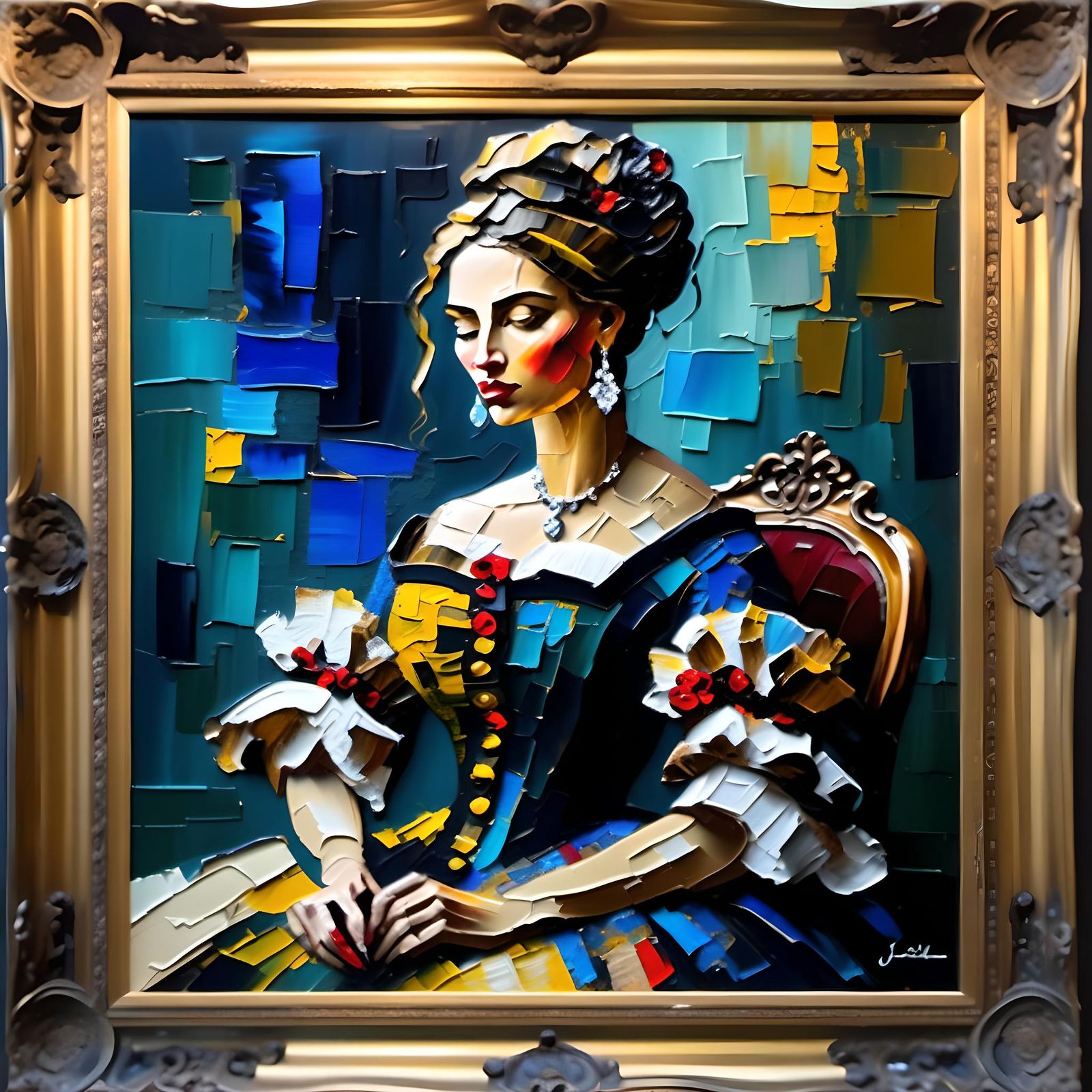 Baroque Framed Portrait in Impasto Palette Knife Style